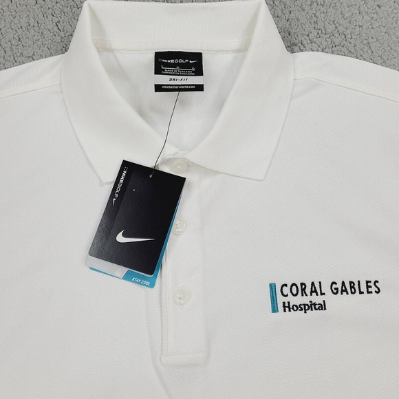 Nike Polo Shirt Mens Large White Dri-Fit Golf Swoosh Coral Gables Hospital Logo - Picture 2 of 15